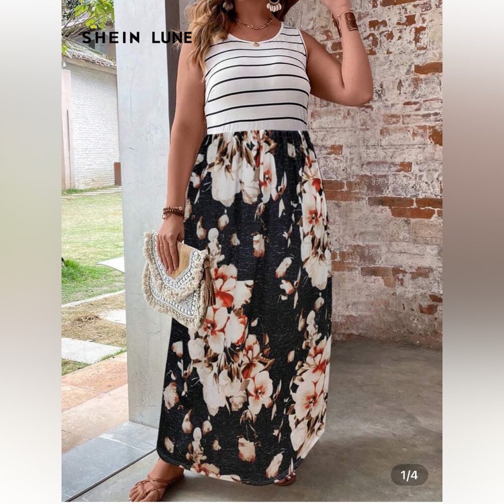 SHEIN Floral Maxi Skirt in Black and White